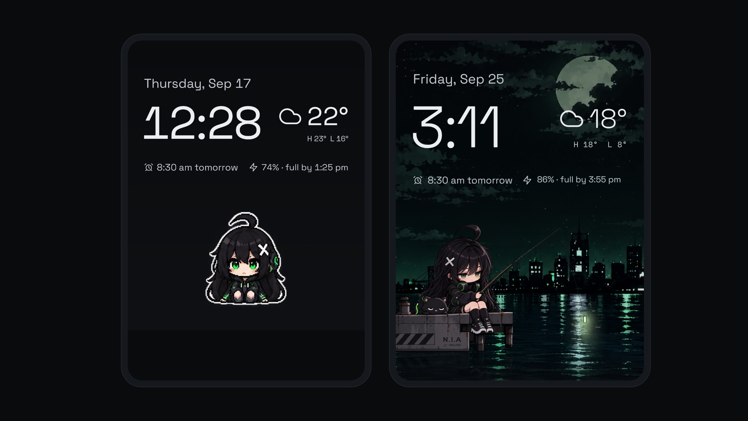 Nia's desk screensaver and night scene on a phone