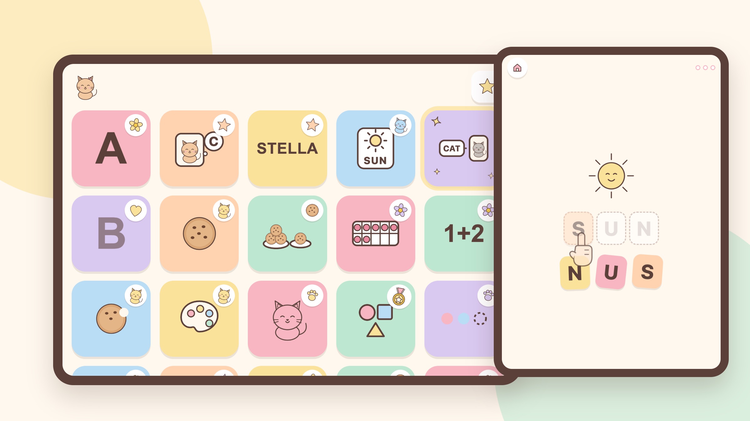 Stella's games on an iPad: the home screen and a word game