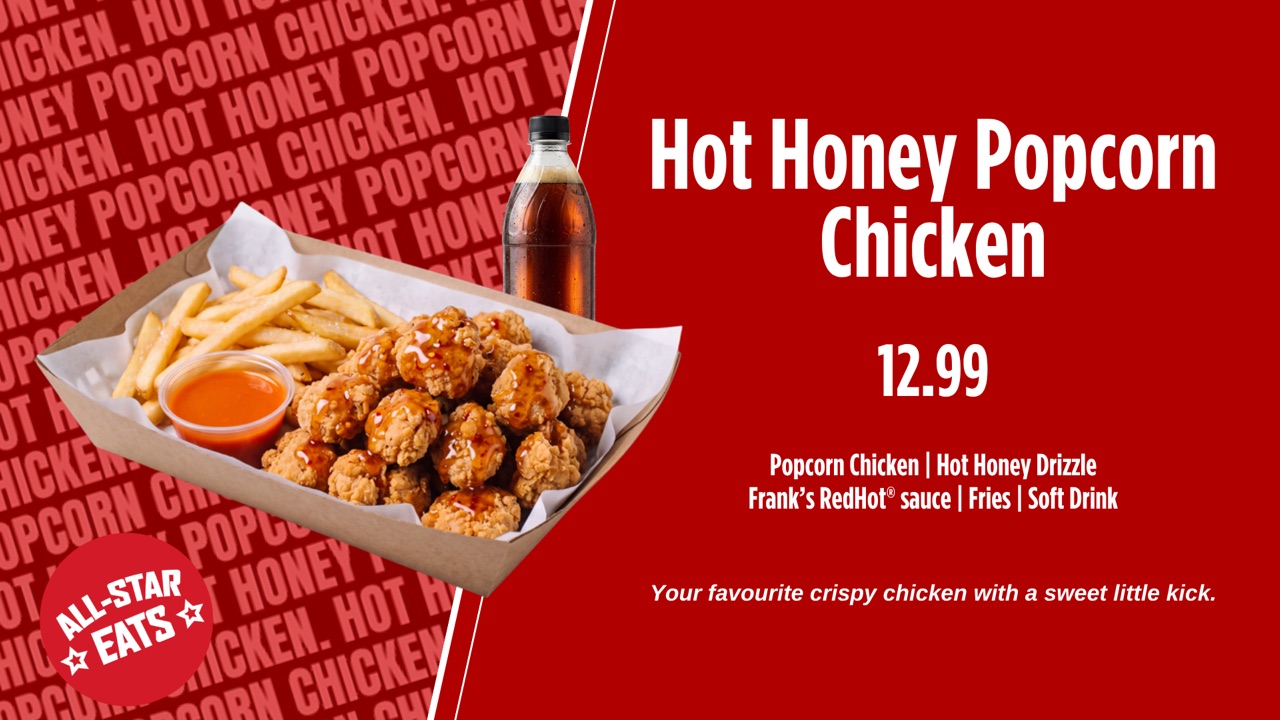 Levy All Star Eats Hot Honey Popcorn Chicken full-screen board at 12.99