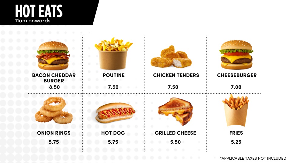 Levy CN Centre Hot Eats board labelled 11am onwards, with eight items in a grid