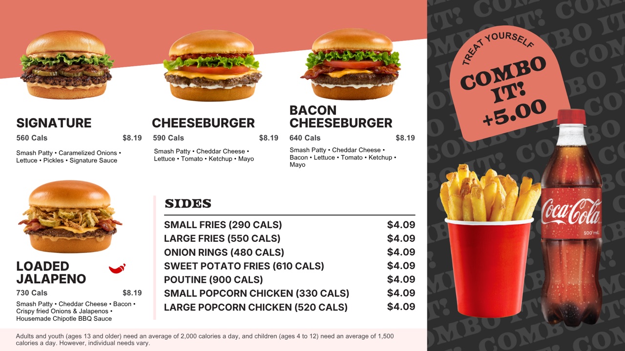 Good Vibes Grill smash burger board with a Combo it +5.00 panel showing fries and a Coca-Cola in the right third