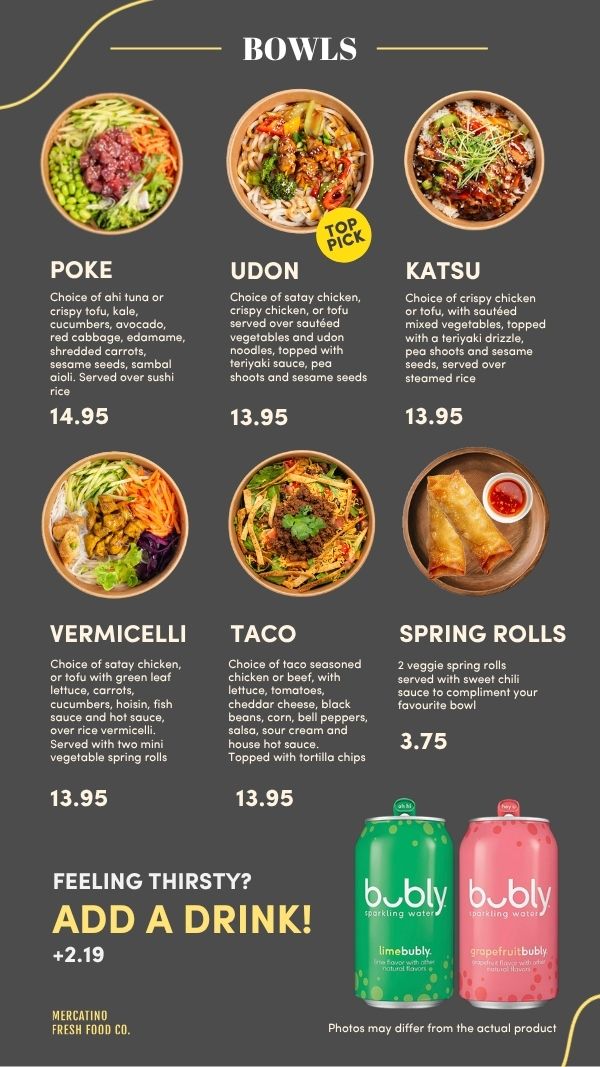 Mercatino bowls board with an Add a drink +2.19 panel showing bubly cans