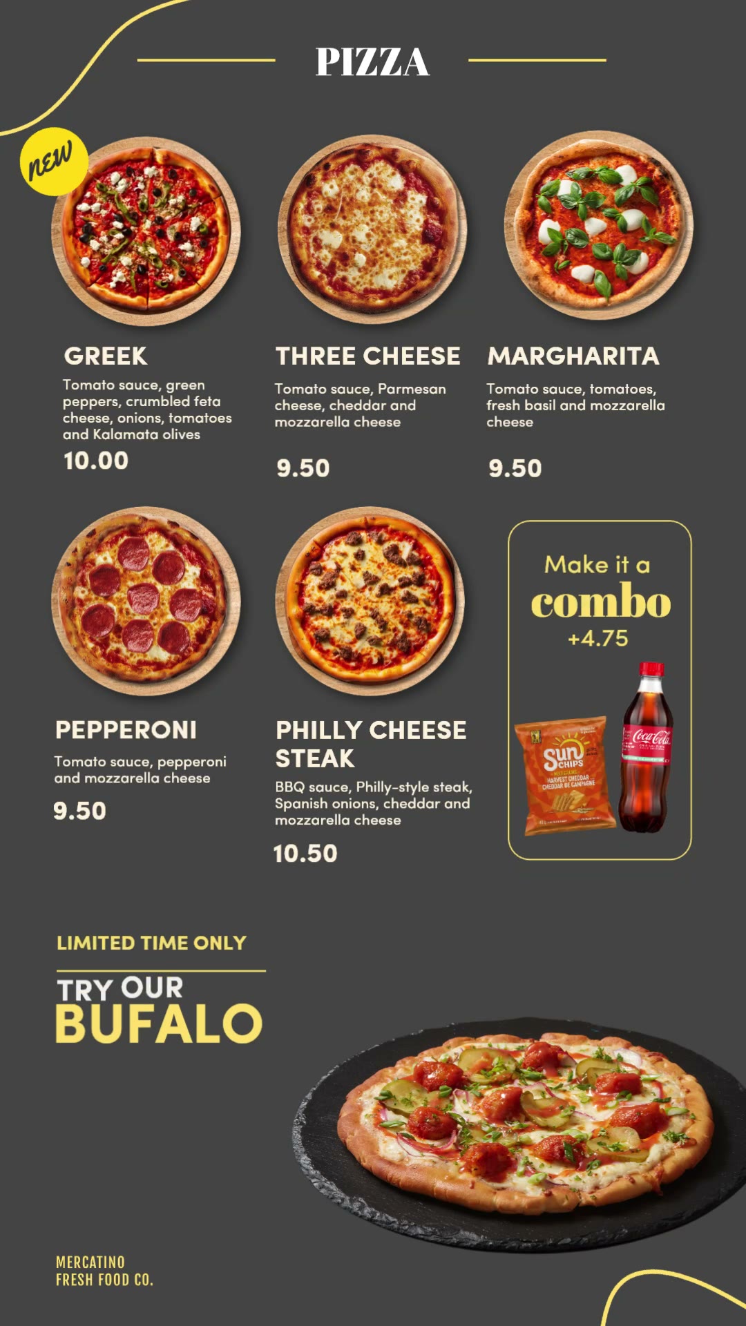 Mercatino portrait pizza board with the Buffalo Chicken Pizza offer in the bottom panel