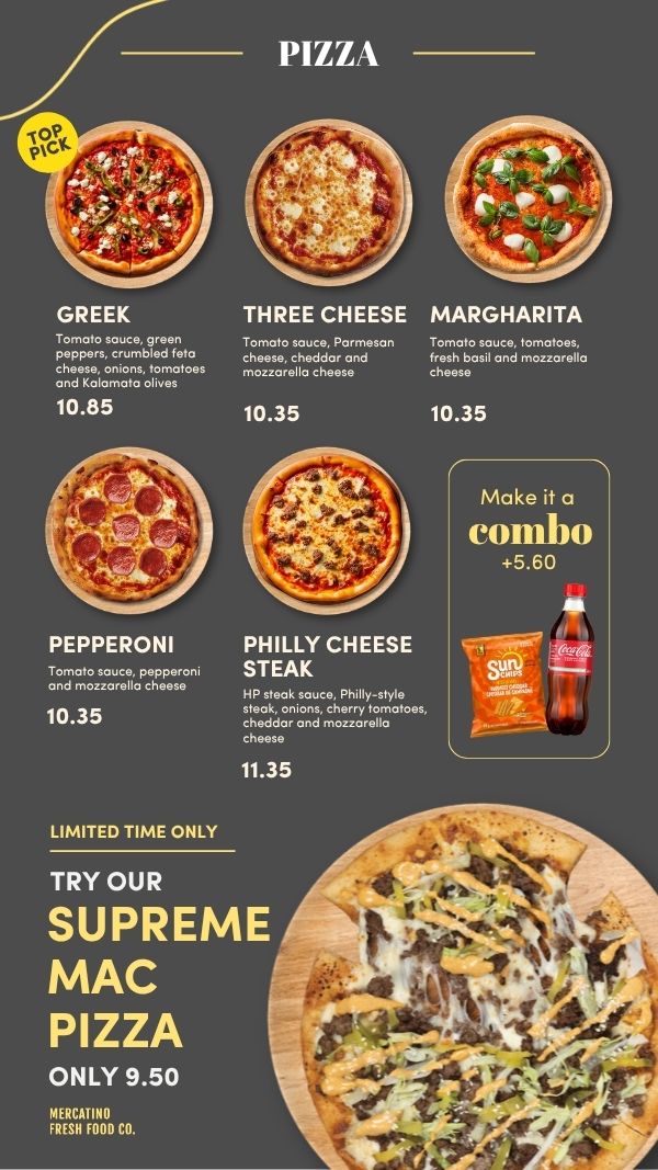 Mercatino pizza board with a Top Pick badge, a combo widget in the grid, and a Supreme Mac Pizza LTO in the bottom panel