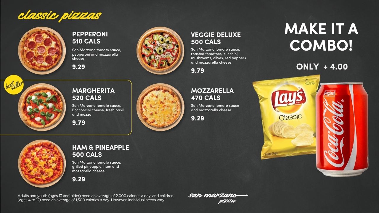 San Marzano classic pizzas board with a Make it a Combo panel showing chips and a Coca-Cola in the right third