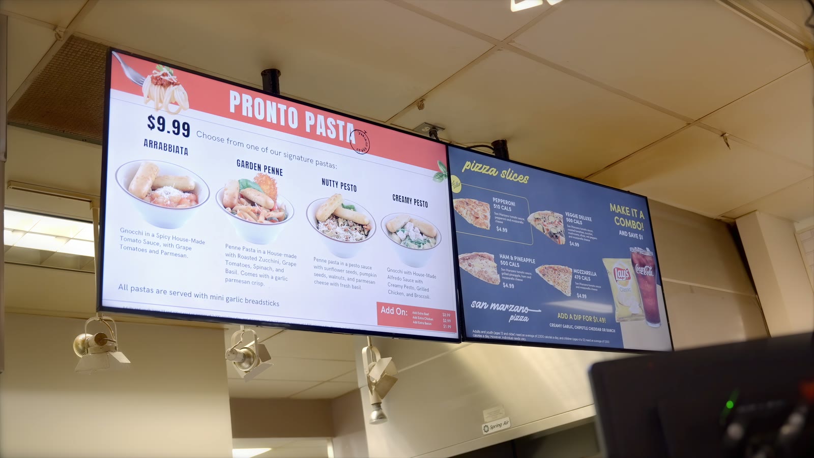 Pronto Pasta digital menu boards over the counter