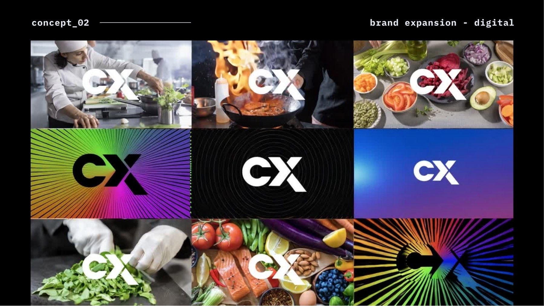Concept 02, brand expansion: one mark over many backgrounds