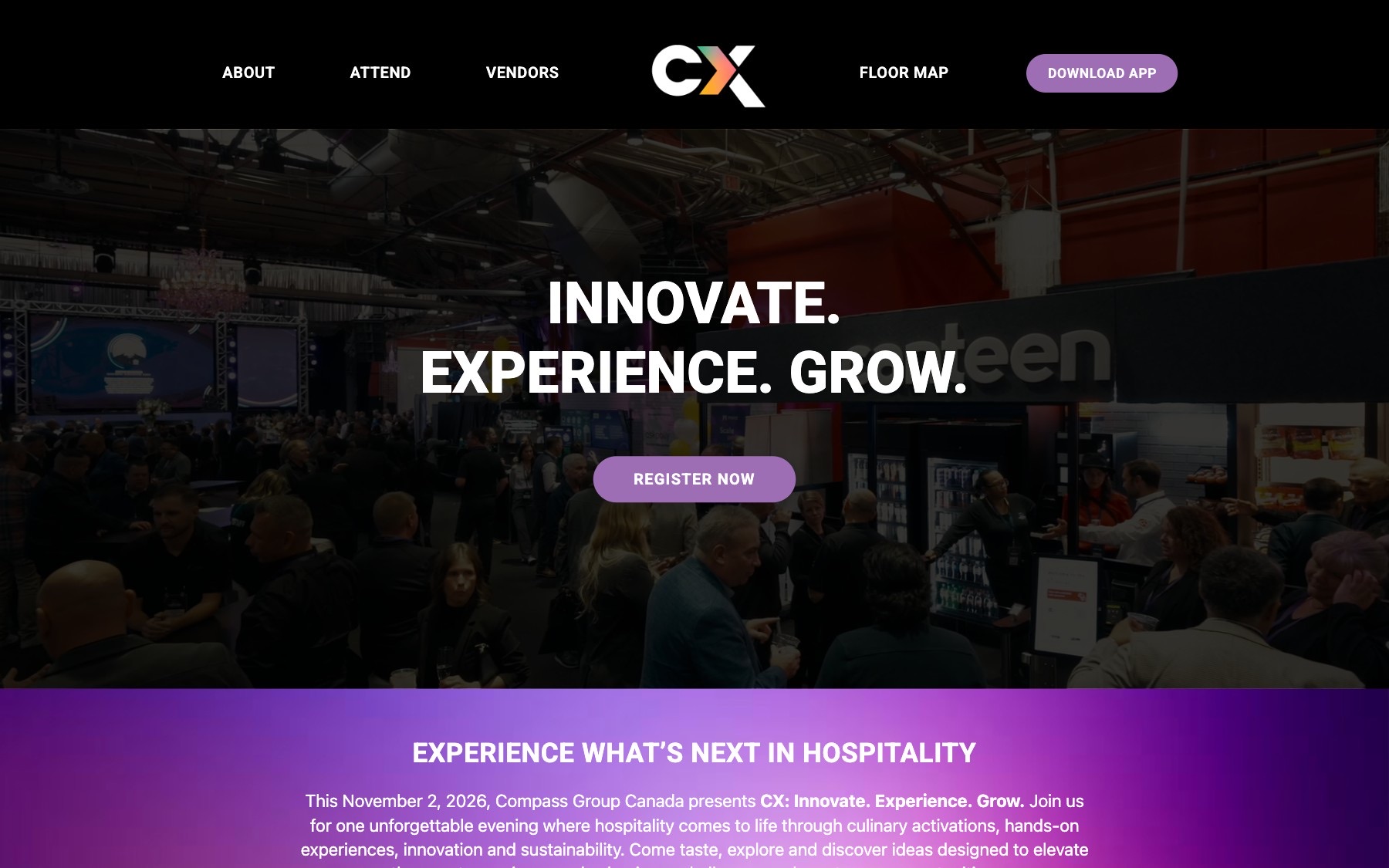 compassgroupcx.com: the hero, with past event footage behind the tagline