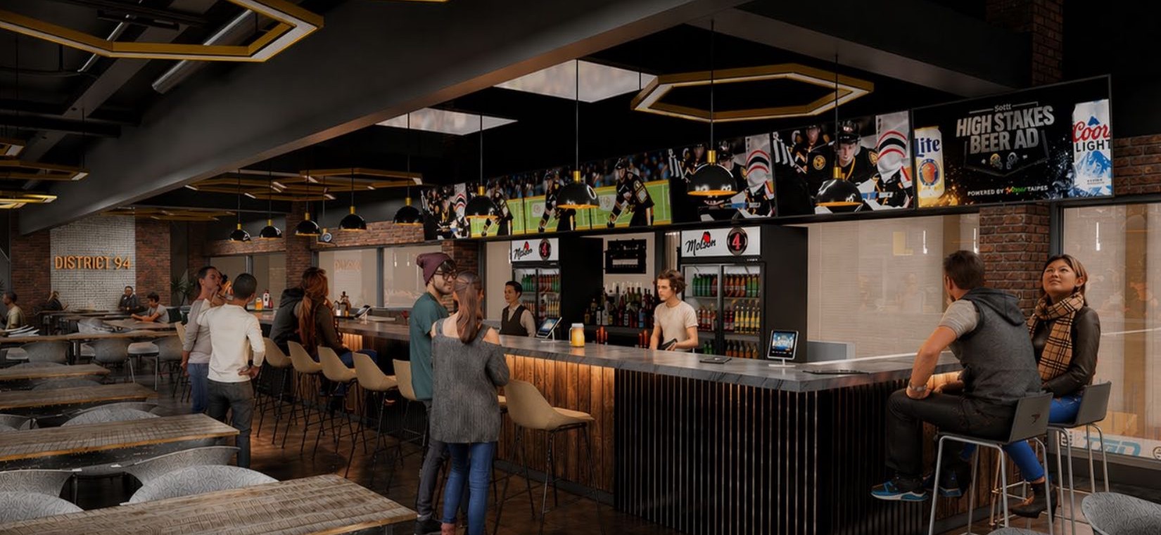 A later architects' render of the bar, with wood-fronted counters and hexagon light fixtures, as it appeared at the top of the client's deck