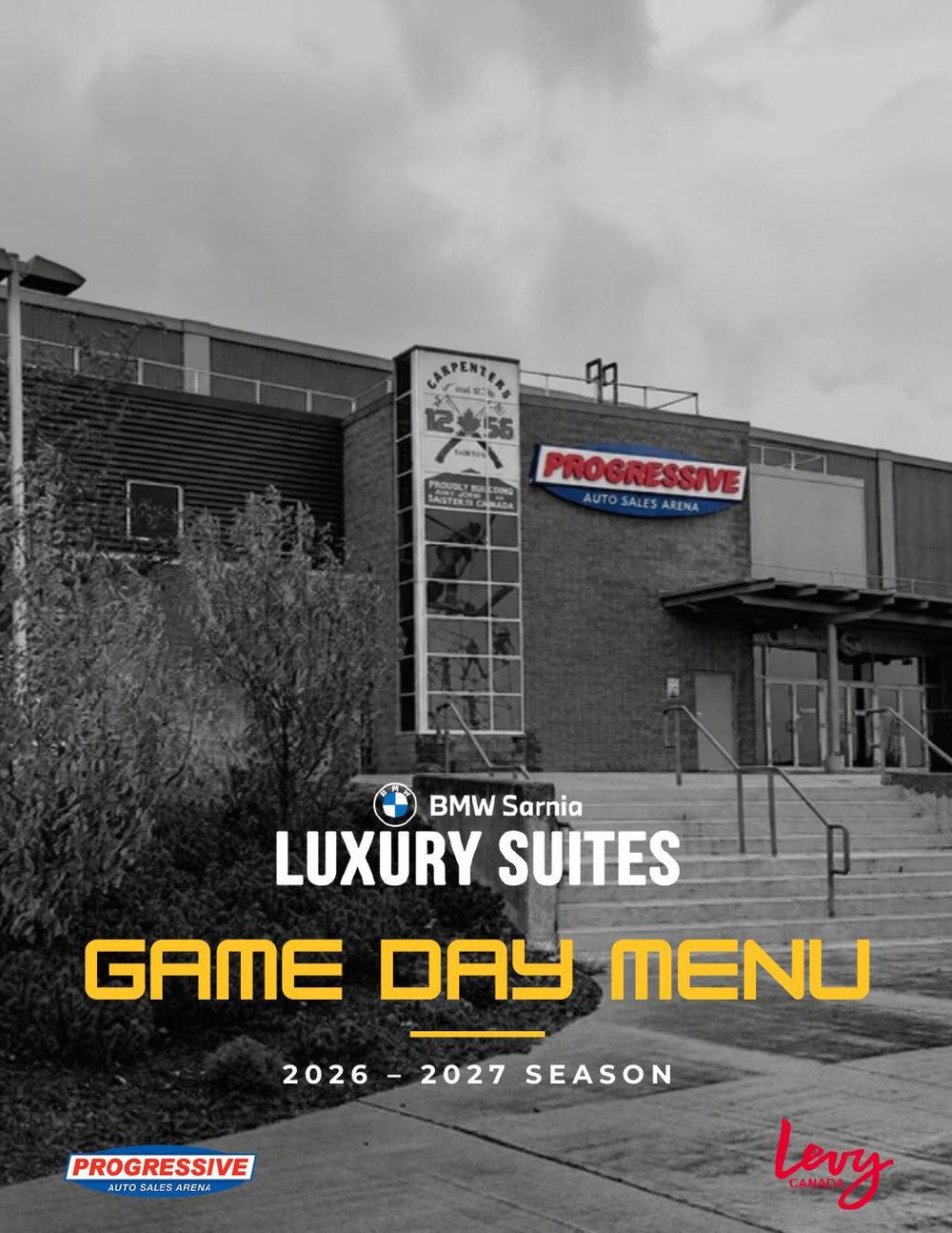 Game day menu cover: a black-and-white photo of the arena with Luxury Suites and Game Day Menu set over it in white and yellow