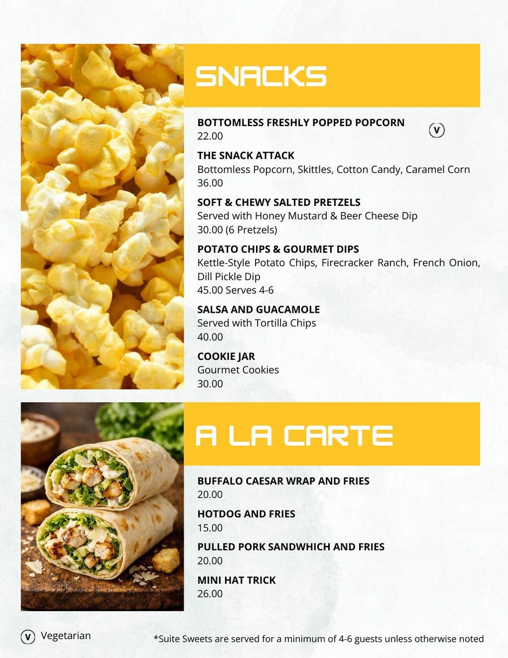 Snacks and à la carte page of the game day menu