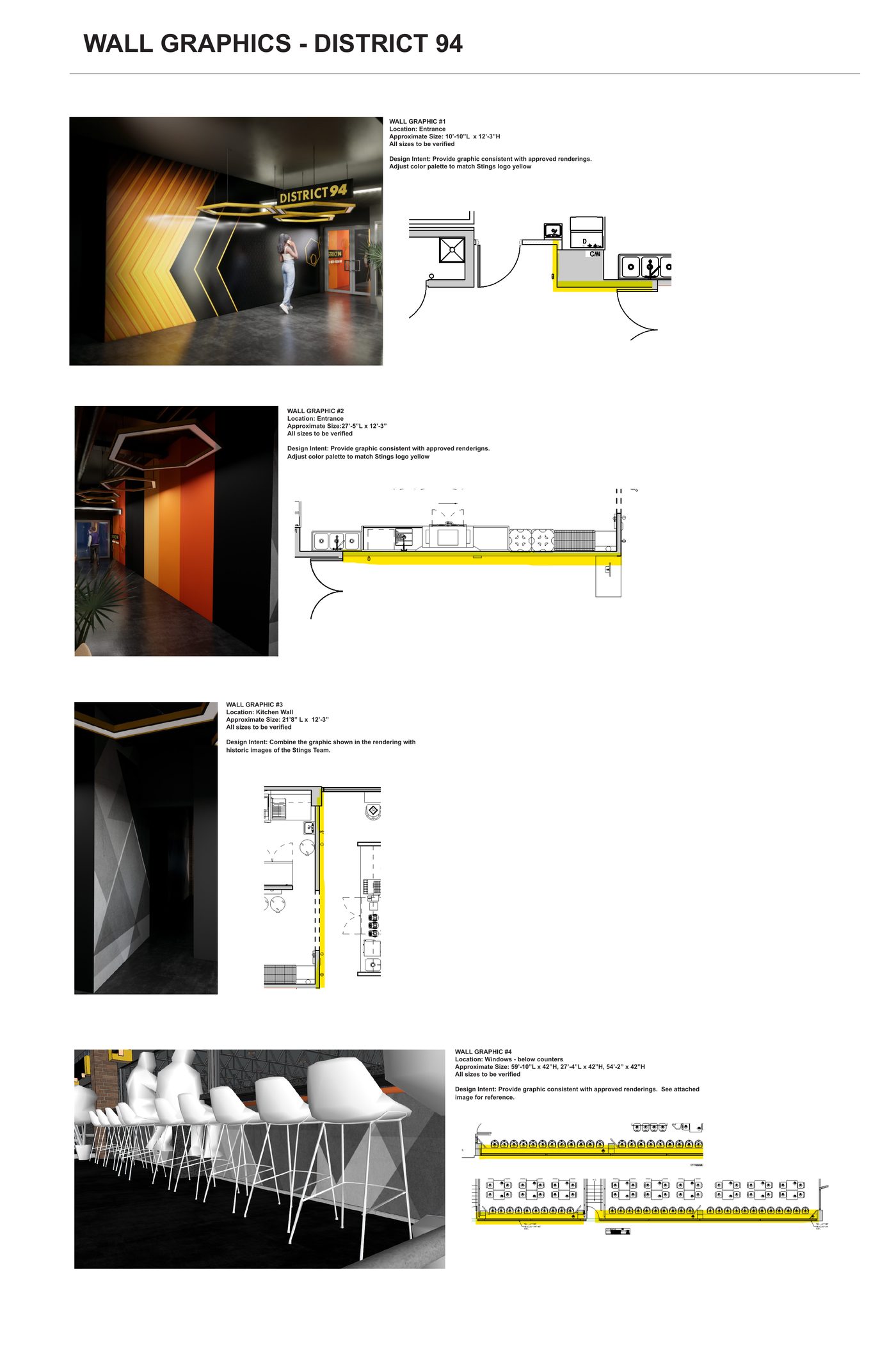 Arena graphics package: wall graphic sheets with renders and plan drawings
