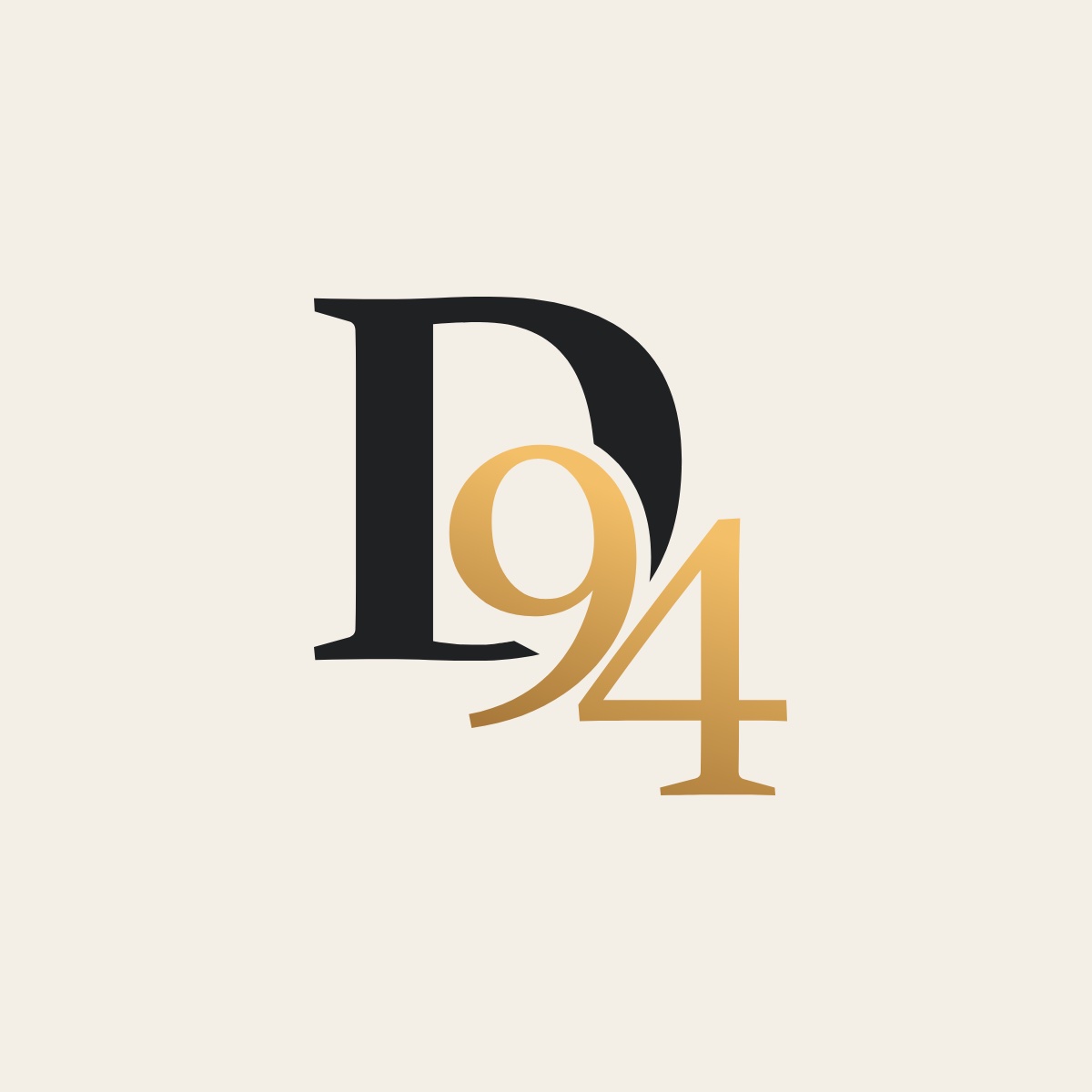 The D94 monogram: a charcoal D with a gold 94, on cream