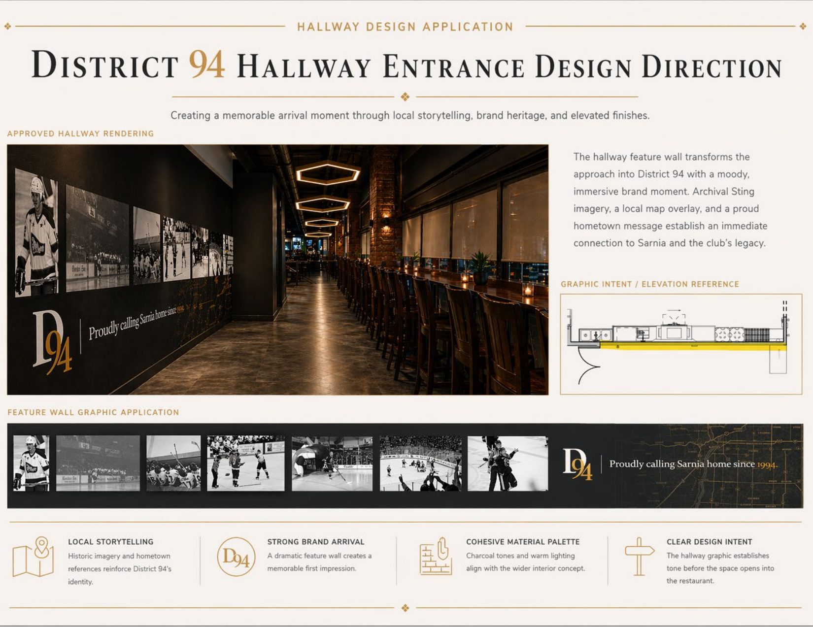 A page from the client's deck titled Hallway Entrance Design Direction, with a hallway render showing the graphic wall and an elevation drawing