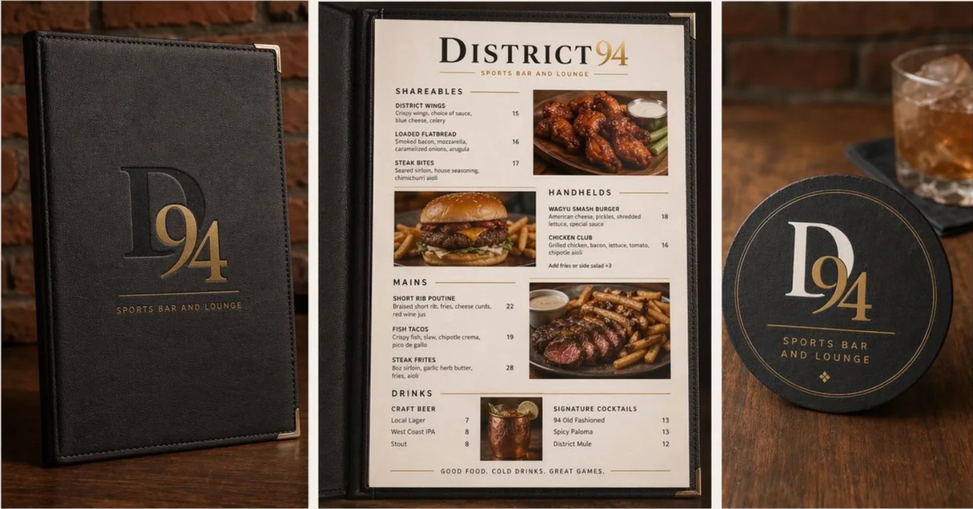 AI mock-ups of a leather menu cover with the D94 monogram, an inside menu page and a round coaster