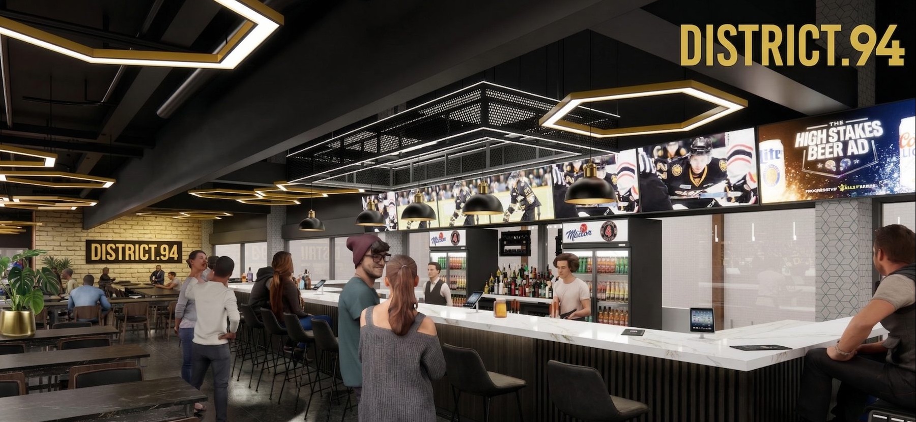 Architects' render of the District 94 bar: a long marble bar, hexagon light fixtures, screens above and the name in an earlier condensed type