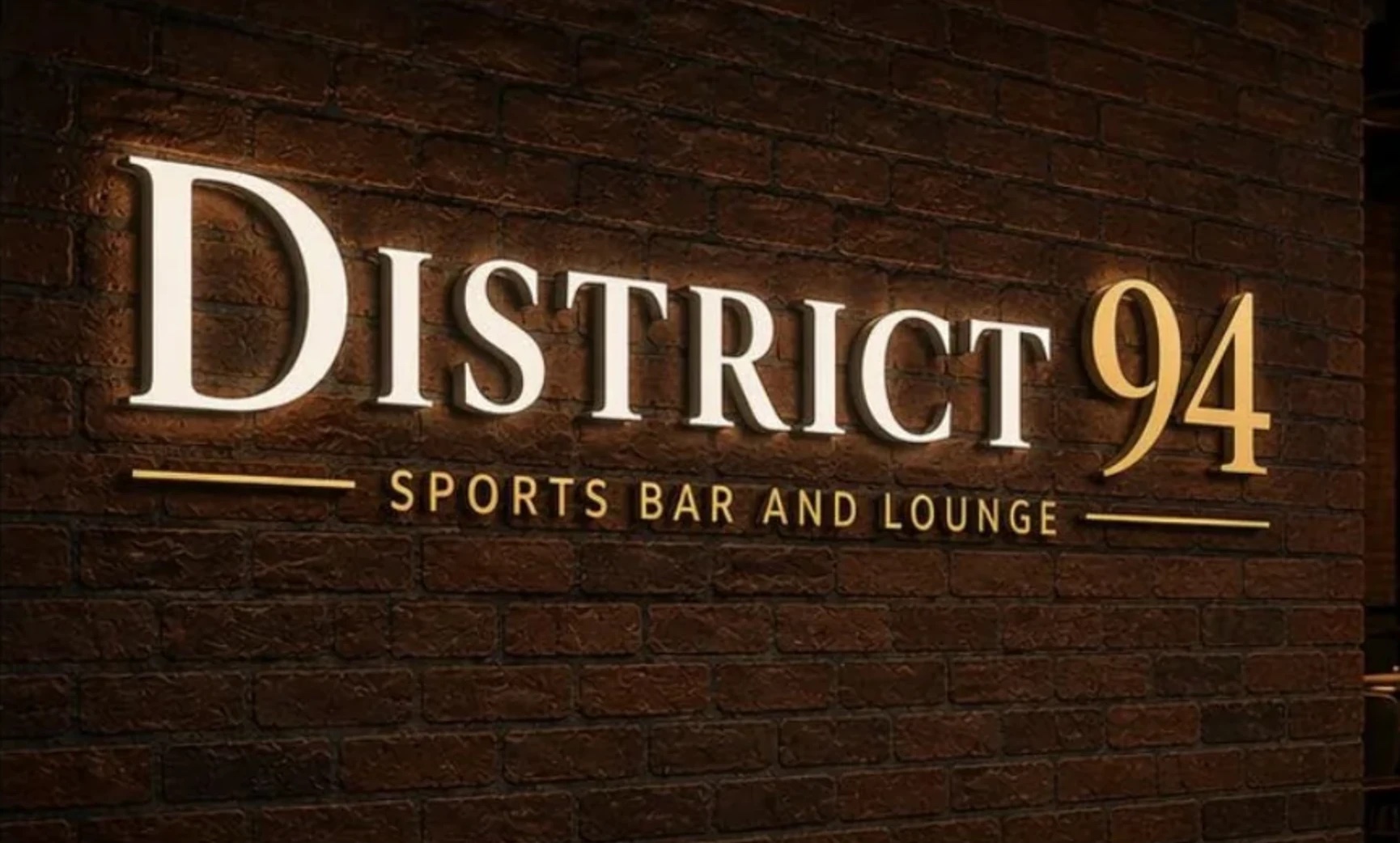 Visualisation of the District 94 sign, backlit on a dark brick wall