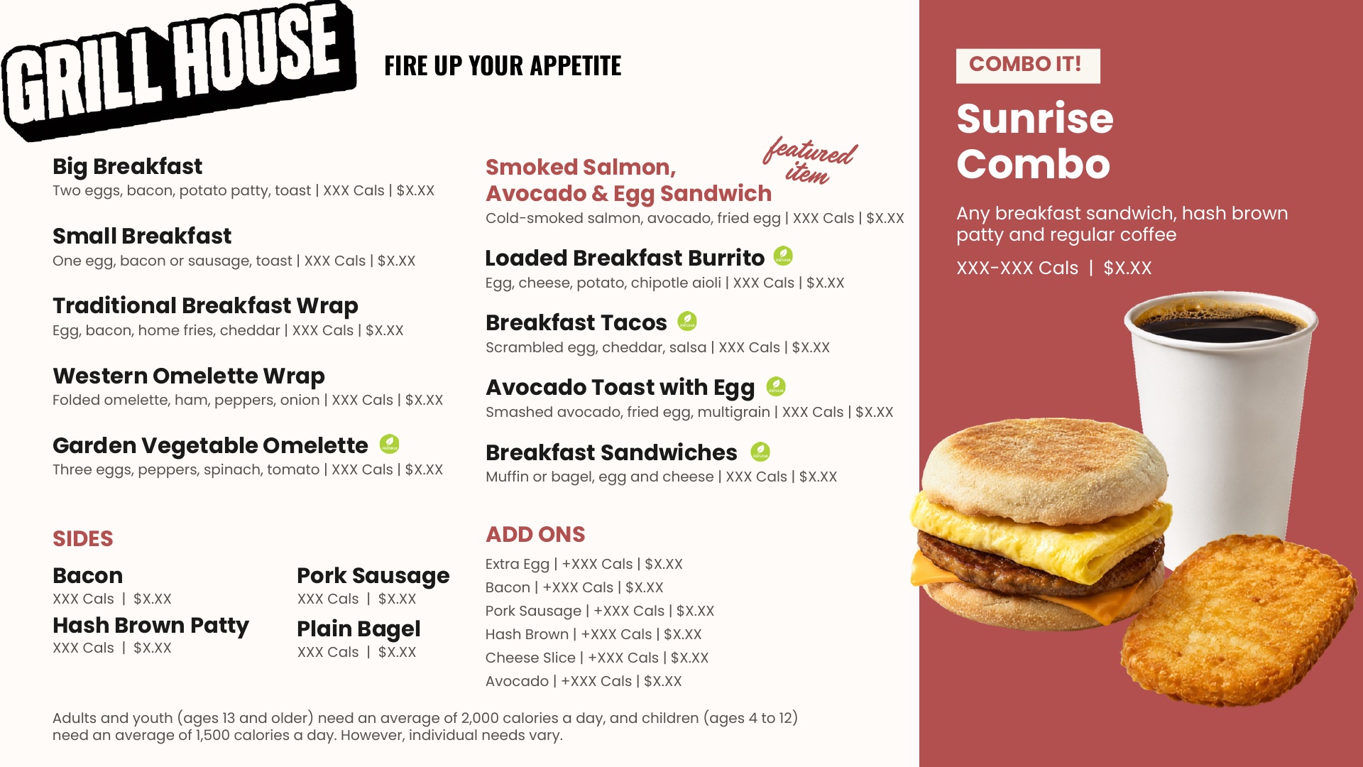 Grill House breakfast menu board in the food hall identity, with a featured item callout and a combo panel in the right third