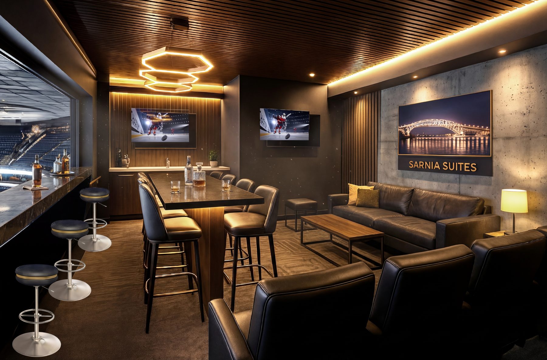 Render of a refreshed suite: dark wood, leather seating, a hexagon light fixture and a Sarnia Suites sign