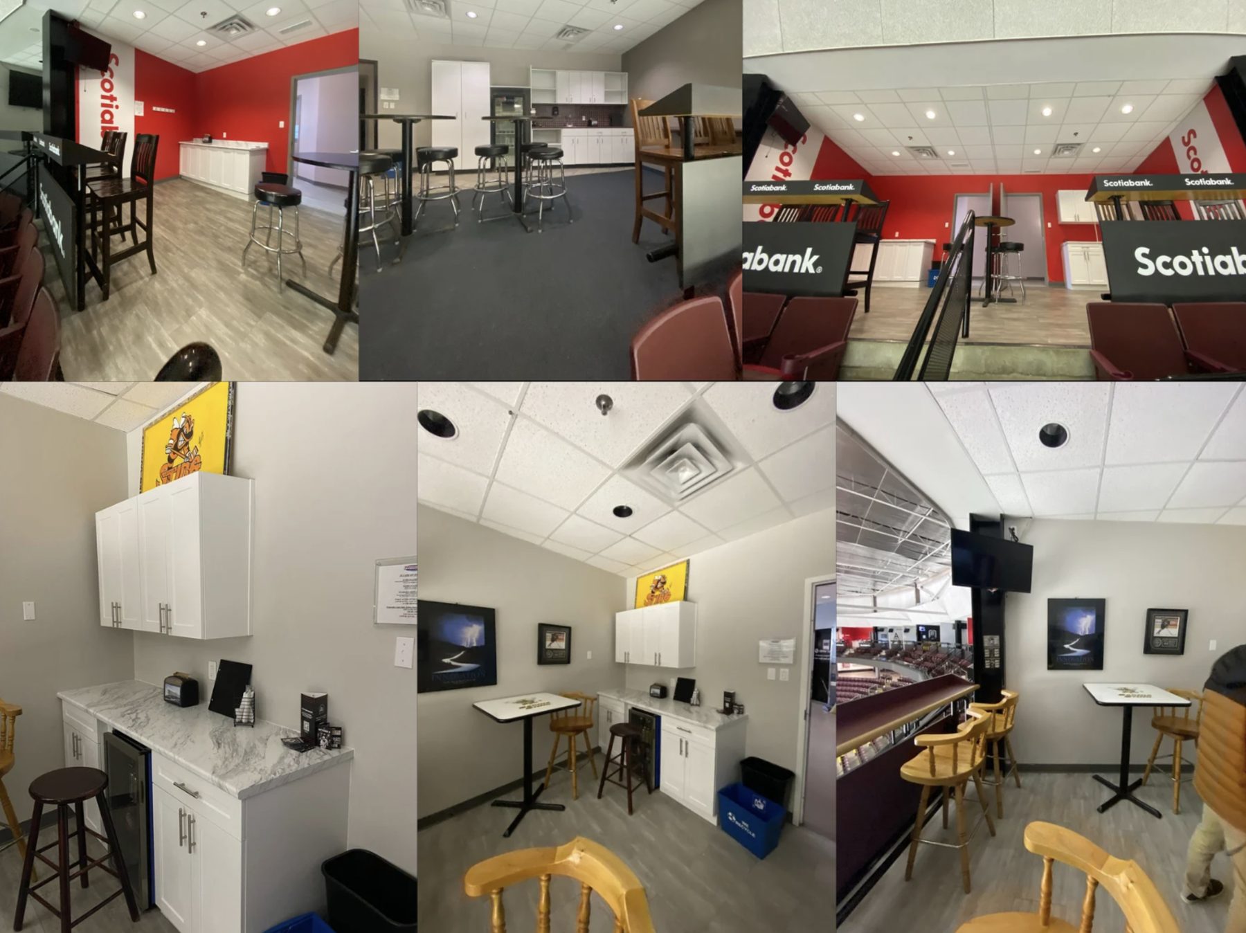 Six photos of the suites before the refresh: red walls, white cabinets and mismatched stools