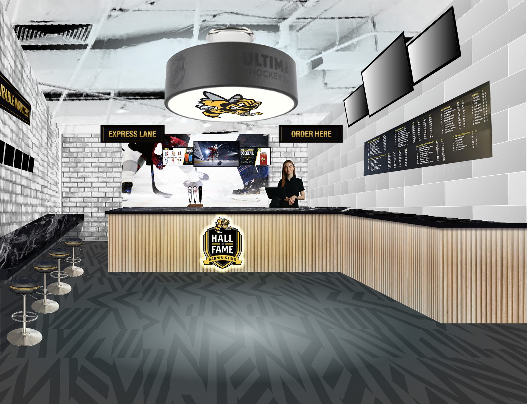 Hall of Fame bar: a slatted wood counter with the Hall of Fame crest, a dark marble top, white brick walls and a patterned floor