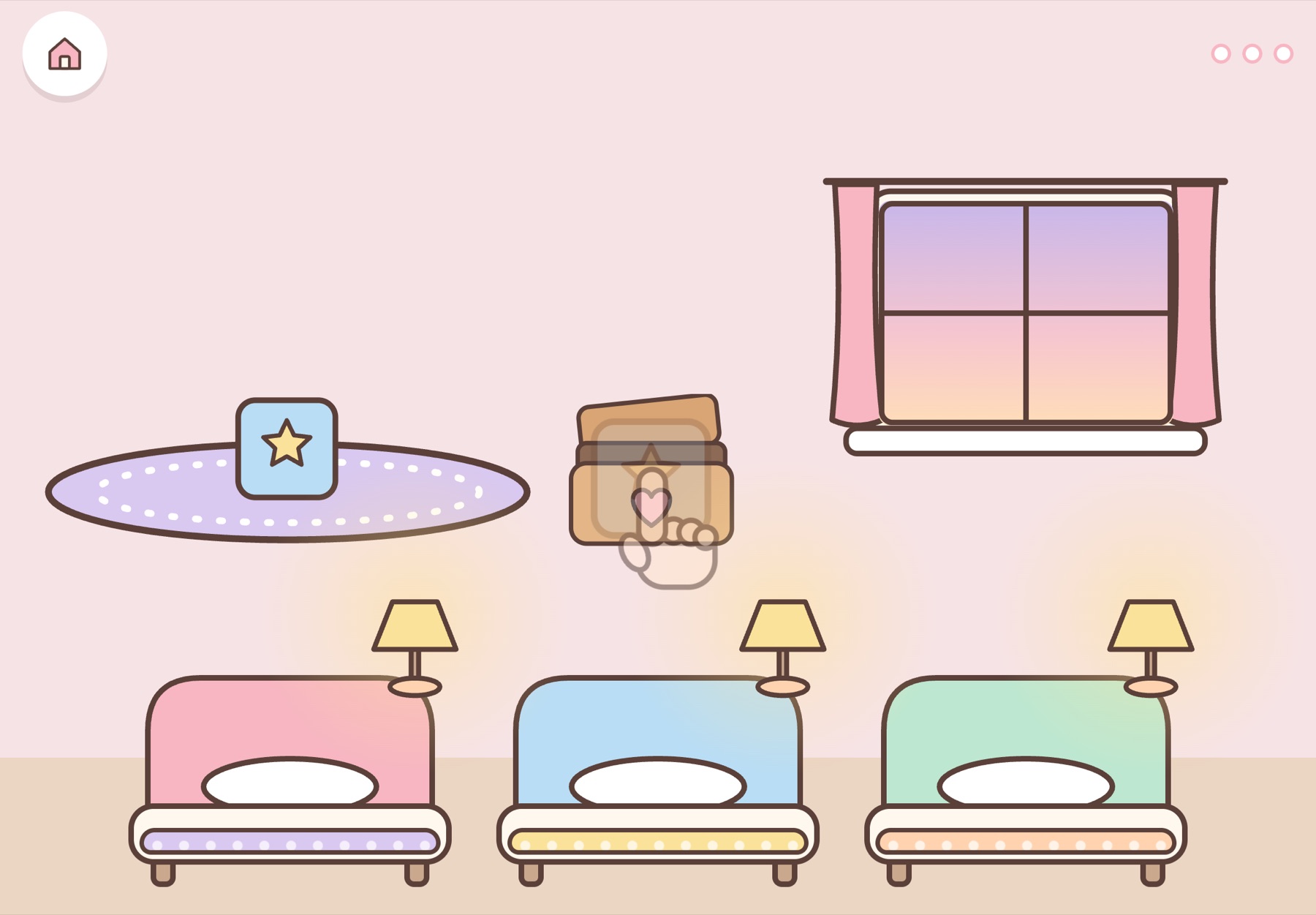 Bedtime: each cat to bed, blanket up, lamp off. A slow game for the end of play.